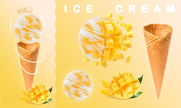 Glace à La Mangue Boules De Glace à La Mangue Avec Cornet De Gaufre Et Photographie De Mangue Illustration 3d