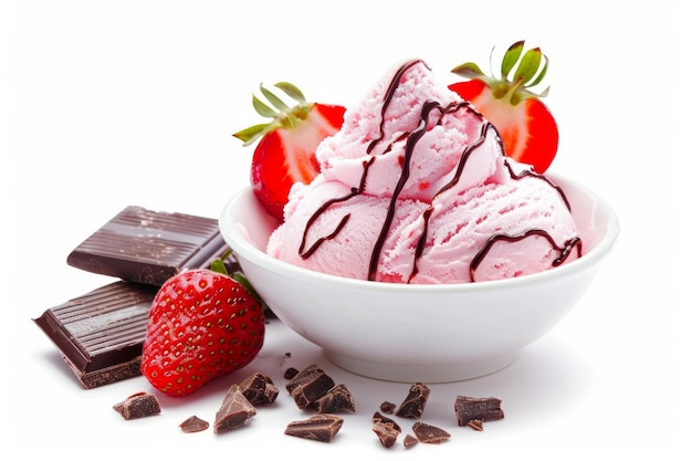 Glace molle ou yaourt glacé à la vanille avec fraise et chocolat isolé sur fond blanc