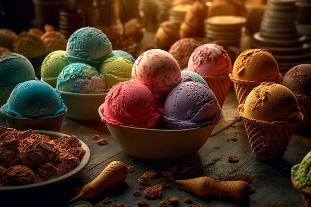 Glace multicolore sur la table Generative AI