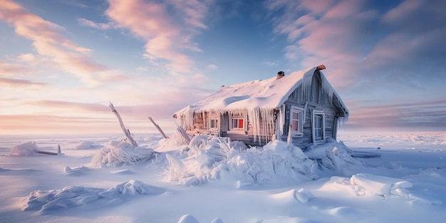 Glace et neige paysage de maison en bois hiver