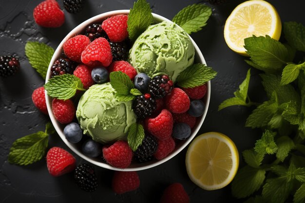 Glace à la pistache avec baies vue de dessus Boules de glace aux framboises, menthe et mûres