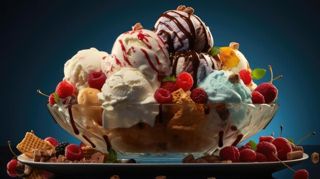 glace pleine de saveurs de fruits avec fond noir et flou