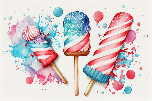 Glace popcicle aquarelle et bonbons sucettes aux couleurs du drapeau américain Generative Ai