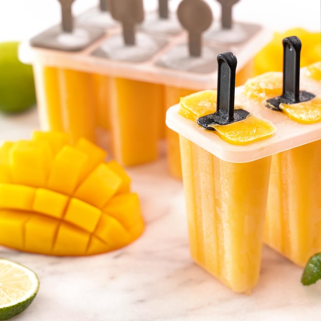 Glace popsicle aux fruits de mangue fraîche dans la boîte de mise en forme en plastique sur une table en marbre brillant