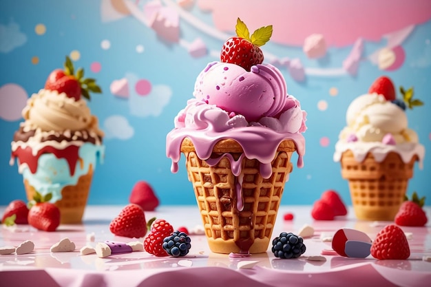 Glace en poteau gaufré avec fraises et autres éléments