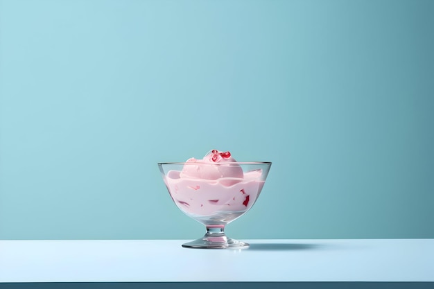Glace rose dans un bol en verre sur la table style minimaliste sur fond bleu de haute qualité