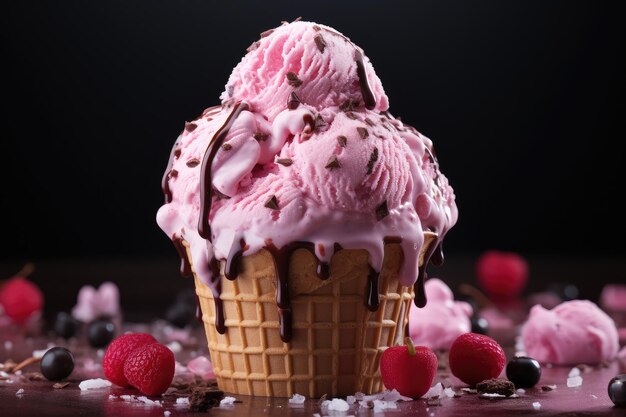 Glace rose dans un cornet gaufré au goût de bubble-gum. Délicieux dessert d'été. IA générative