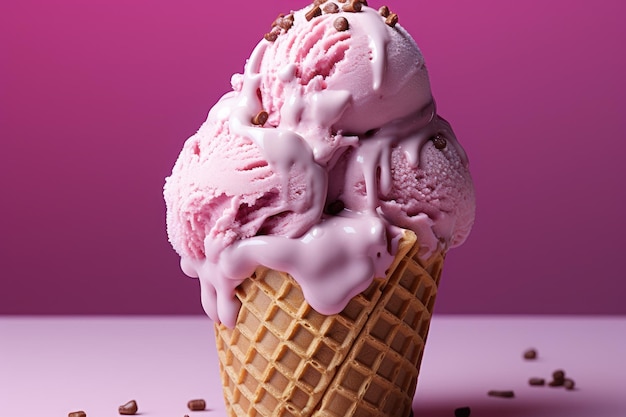 Glace rose dans un cornet gaufré au goût de bubble-gum. Délicieux dessert d'été. IA générative