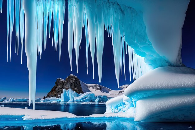 La glace se déverse et fond sur un fond bleu sur la péninsule antarctique près de l'Antarctique