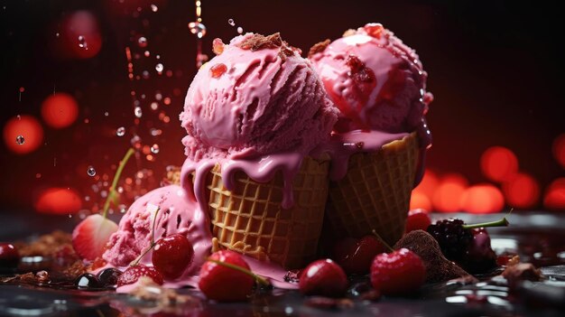 Glace sucrée de différentes couleurs et fourrée de crème de fruits et de pépites de chocolat