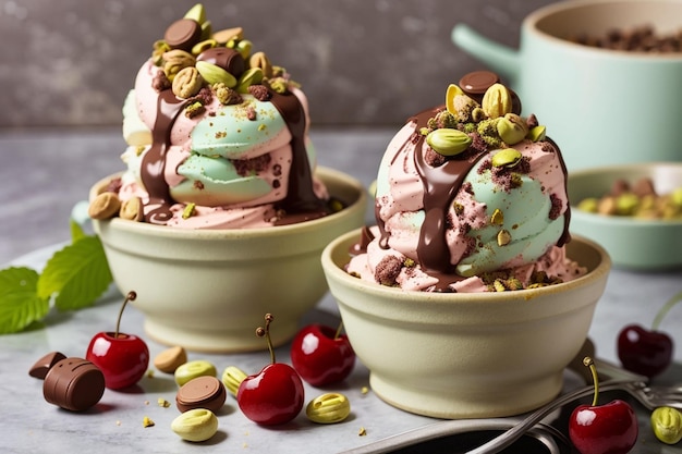 Glace sucrée Spumoni avec cerise, pistache et chocolat