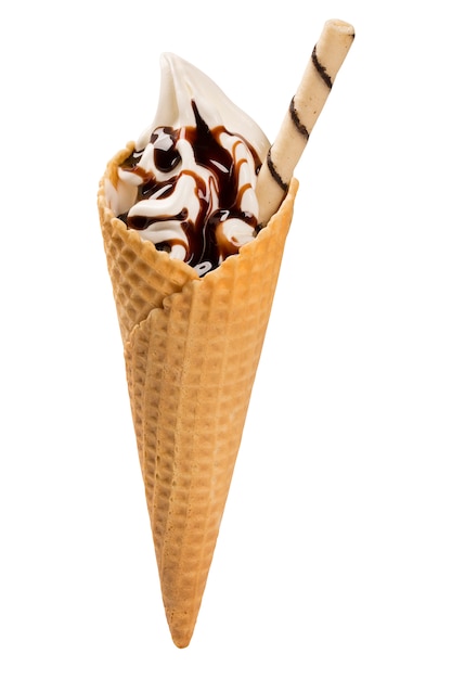 Glace Vanille Au Sirop De Chocolat En Cornet