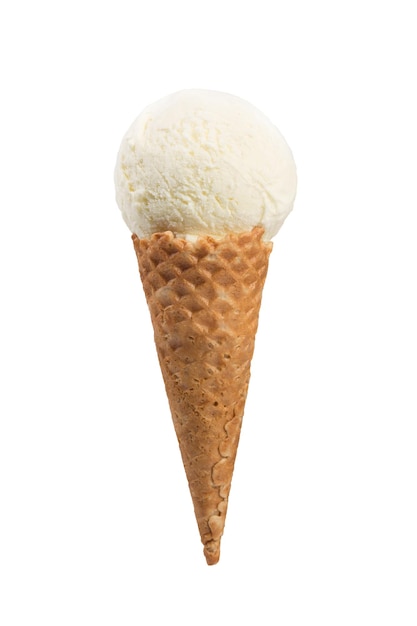 Glace vanille en cornet gaufré sur fond blanc