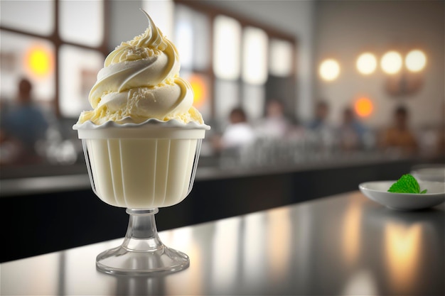 Glace à la vanille gastronomique dans un bol en verre sur la table du salon de crème glacée Dessert glacé généré par l'IA