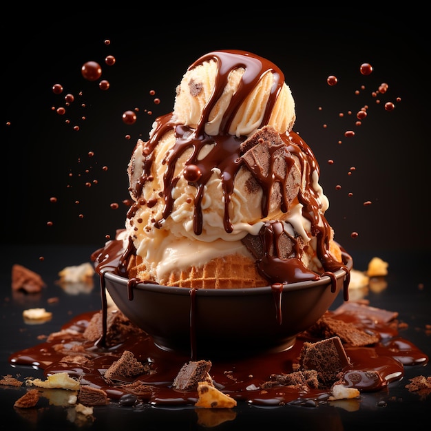 glace à la vanille pépites de chocolat sauce au chocolat