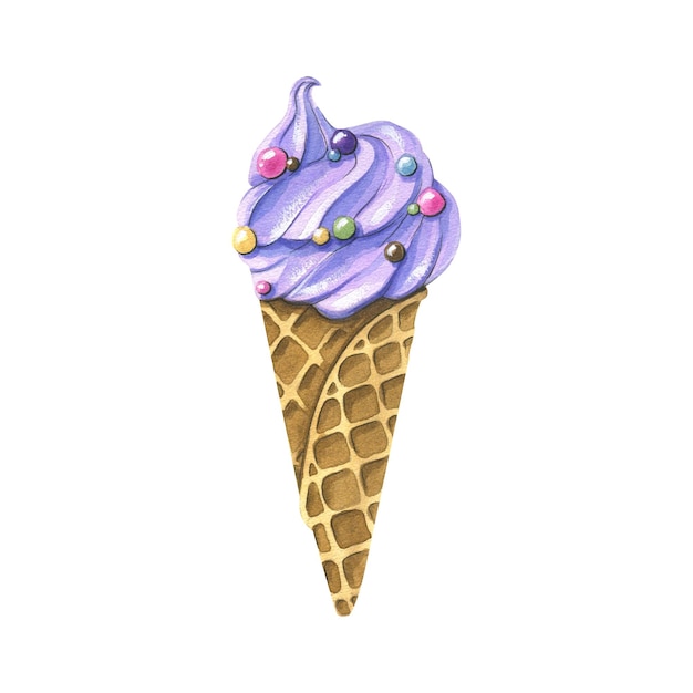 Glace violette dans un cornet gaufré avec des pépites de confiserie Illustration aquarelle Un objet isolé d'un grand ensemble de CRÈME GLACÉE Pour la décoration des compositions de conception d'affiches de cartes postales