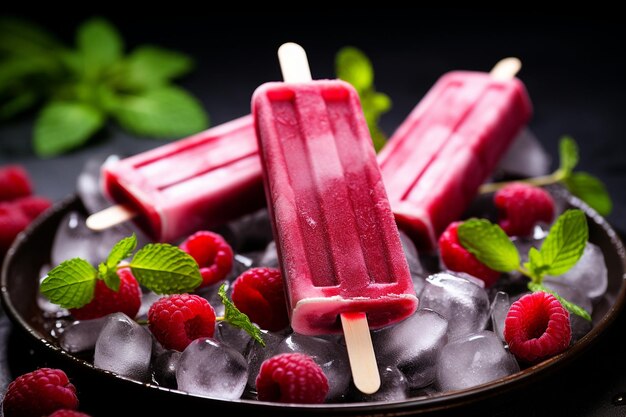 Des glaces aux framboises sur un plateau