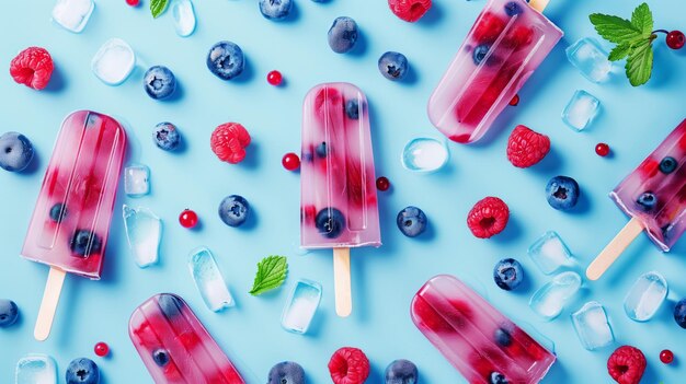 Photo des glaces aux fruits colorés avec des baies fraîches et de la glace sur un fond bleu