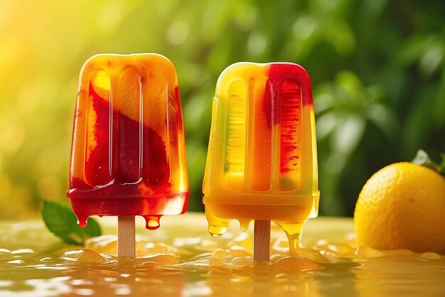 Photo des glaces aux fruits qui fondent sur un fond jaune ensoleillé.