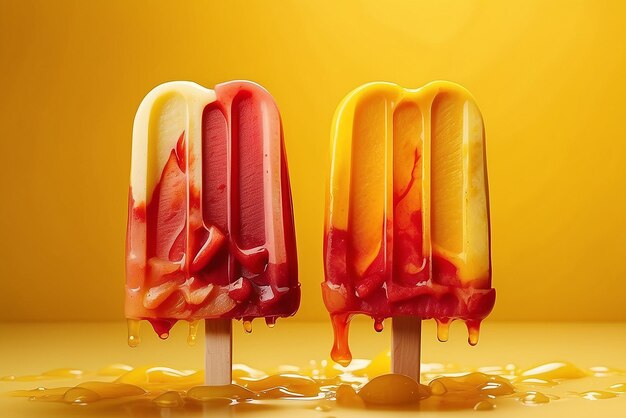 Des glaces aux fruits qui fondent sur un fond jaune ensoleillé.