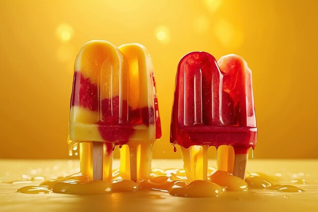 Photo des glaces aux fruits qui fondent sur un fond jaune ensoleillé.