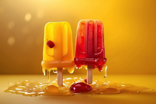 Des glaces aux fruits qui fondent sur un fond jaune ensoleillé.