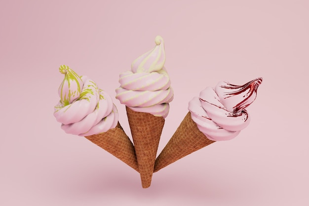 glaces de différentes saveurs. crème glacée dans des cornets gaufrés sur fond rose pastel. rendu 3D.