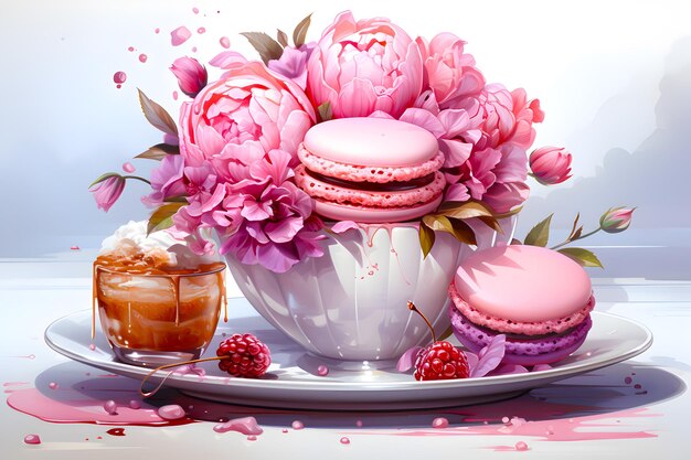 Des glaces fraîches, douces et colorées, des macarons, de la crème aux fraises, des roses roses décorées, des fleurs dans une tasse.