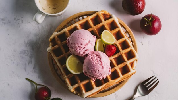 Des glaces servies dans un panier de gaufres isolées sur du blanc