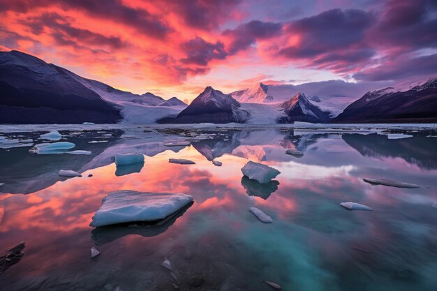 Glacier au coucher du soleil avec des reflets colorés du ciel créés avec l'AI générative