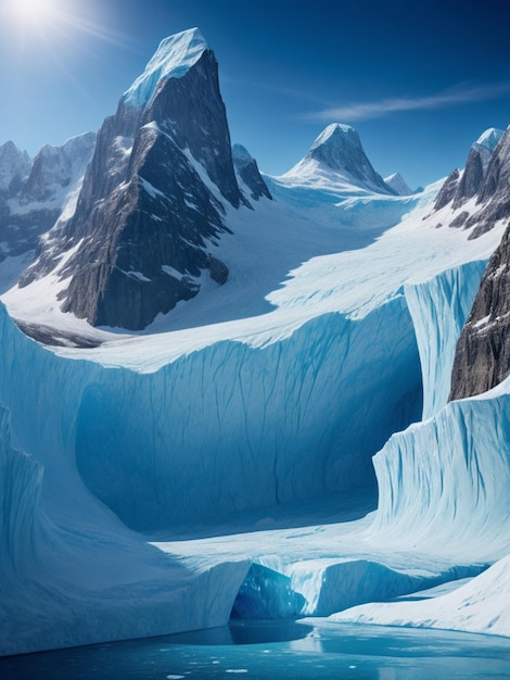 un glacier majestueux entouré d'eau sereine et de montagnes imposantes