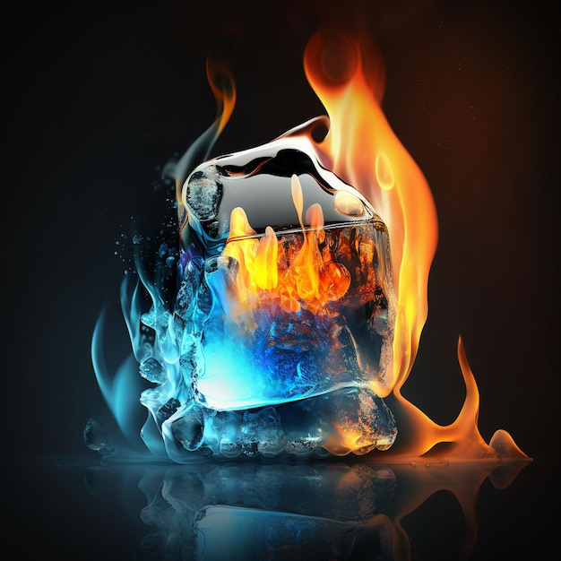 Un glaçon bleu et orange est à côté d'un verre de glace et de feu.