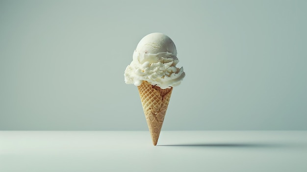 Un glaçon avec une seule cuillère de glace à la vanille sur un fond blanc