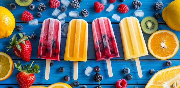 Des glaçons aux fruits colorés sur un fond bleu vibrant