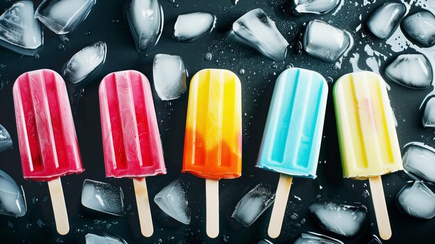 Des glaçons colorés avec des cubes de glace sur une surface noire avec des gouttes d'eau