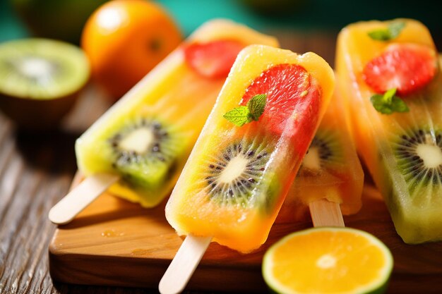 Photo des glaçons de fruits tropicaux avec des morceaux de fruits visibles à l'intérieur