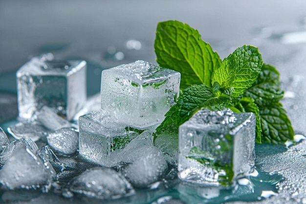 Glaçons et menthe sur fond bleu, mise au point sélective