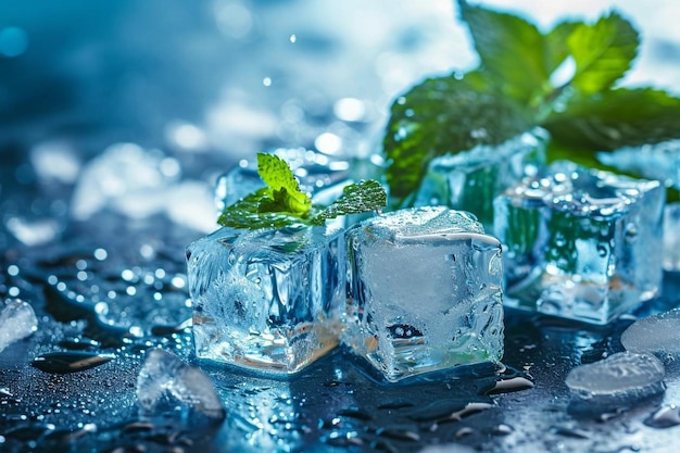 Glaçons et menthe sur fond bleu, mise au point sélective