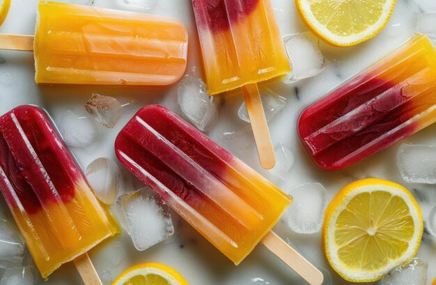 des glaçons orange vif et jaune avec des tranches de citron et de la glace