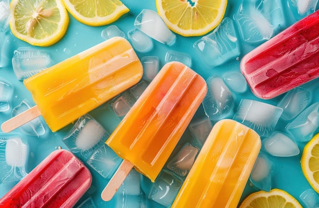 des glaçons orange vif et jaune avec des tranches de citron et de la glace