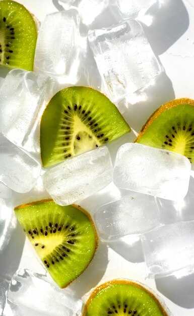 Glaçons et tranches de kiwi sur fond blanc. La lumière du soleil est réfractée à travers la glace.