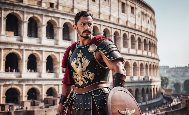 Photo un gladiateur romain spqr en armure authentique tenant un bouclier et une épée