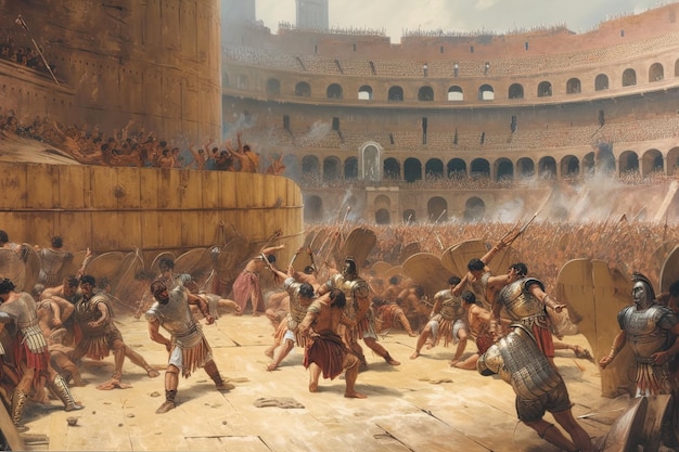 Gladiateurs combattant dans l'ancien Colisée avec des spectateurs les acclamant