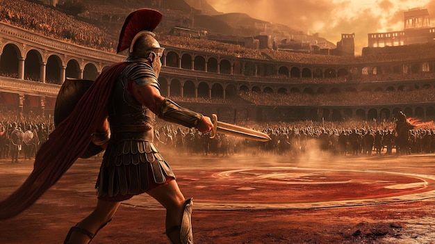 Les gladiateurs s'engagent dans une bataille féroce entourés des acclamations tonitruantes d'une foule rugissante qui résonne dans l'ancien amphithéâtre du guerrier.