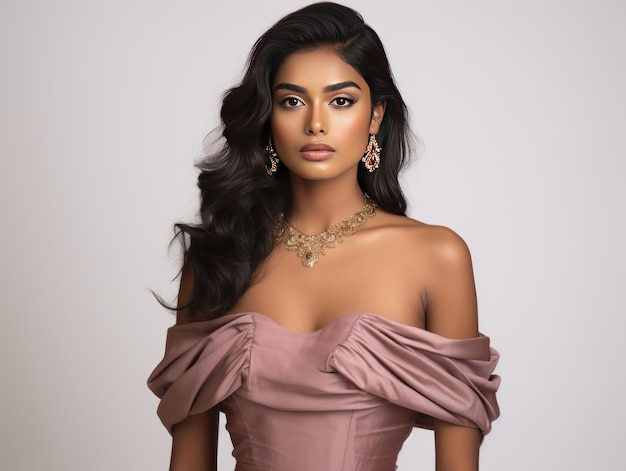 Glamour et allure définissent un mannequin indien en robe à épaules dénudées pour une publicité de mode de luxe