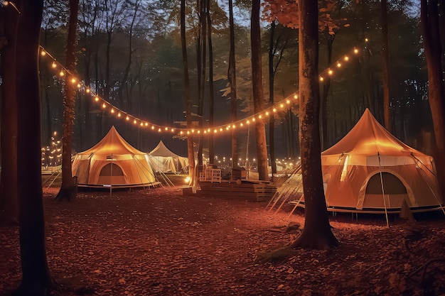 Glamping blanc dans la forêt d'automne