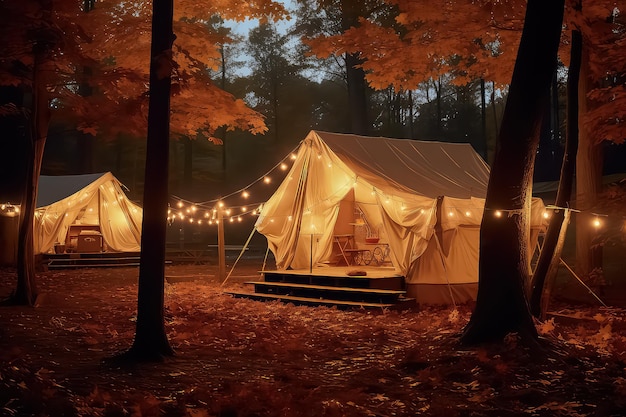 Glamping blanc dans la forêt d'automne