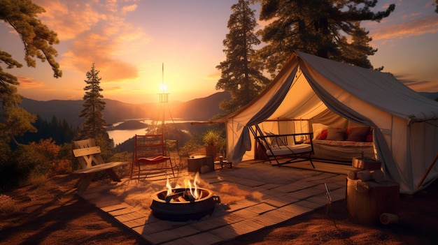 Glamping à l'heure d'or dans la nature Vue complète