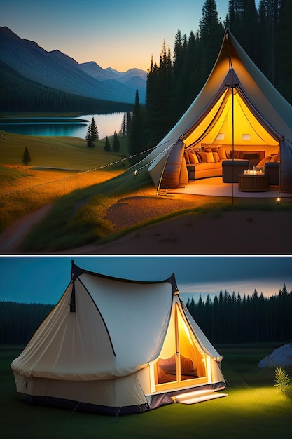 Glamping en soirée luxe vie de camping glamour dans la nature