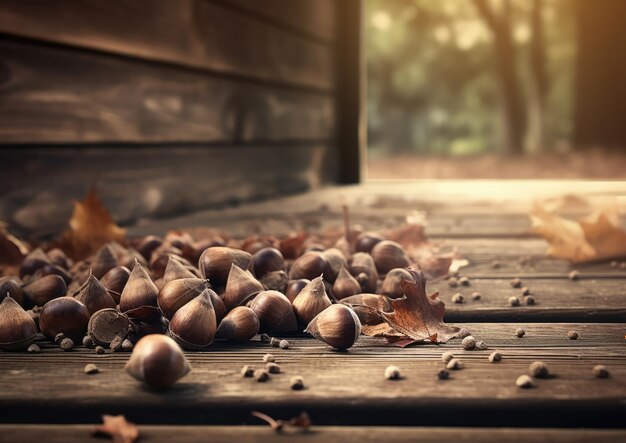 Glands dispersés sur une table en bois rustique